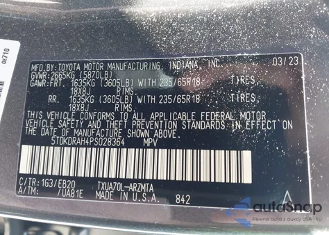 2023 Toyota Highlander Xle z USA, uszkodzony, nr VIN 5TDKDRAH4PS028364